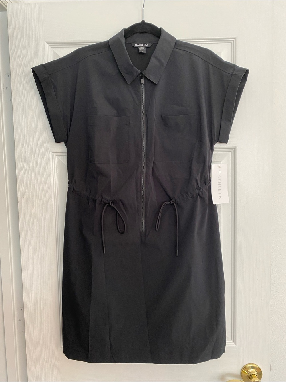 Athleta TopSpin Black Zip Front Drawstring Mini Dress Size Medium NWT